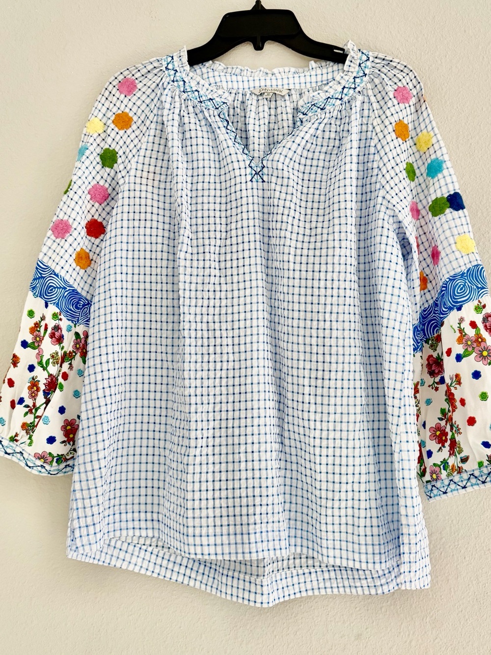 John Mark Women’s Blue Check Embroidered Peasant Top - Multicolor Sleeve M